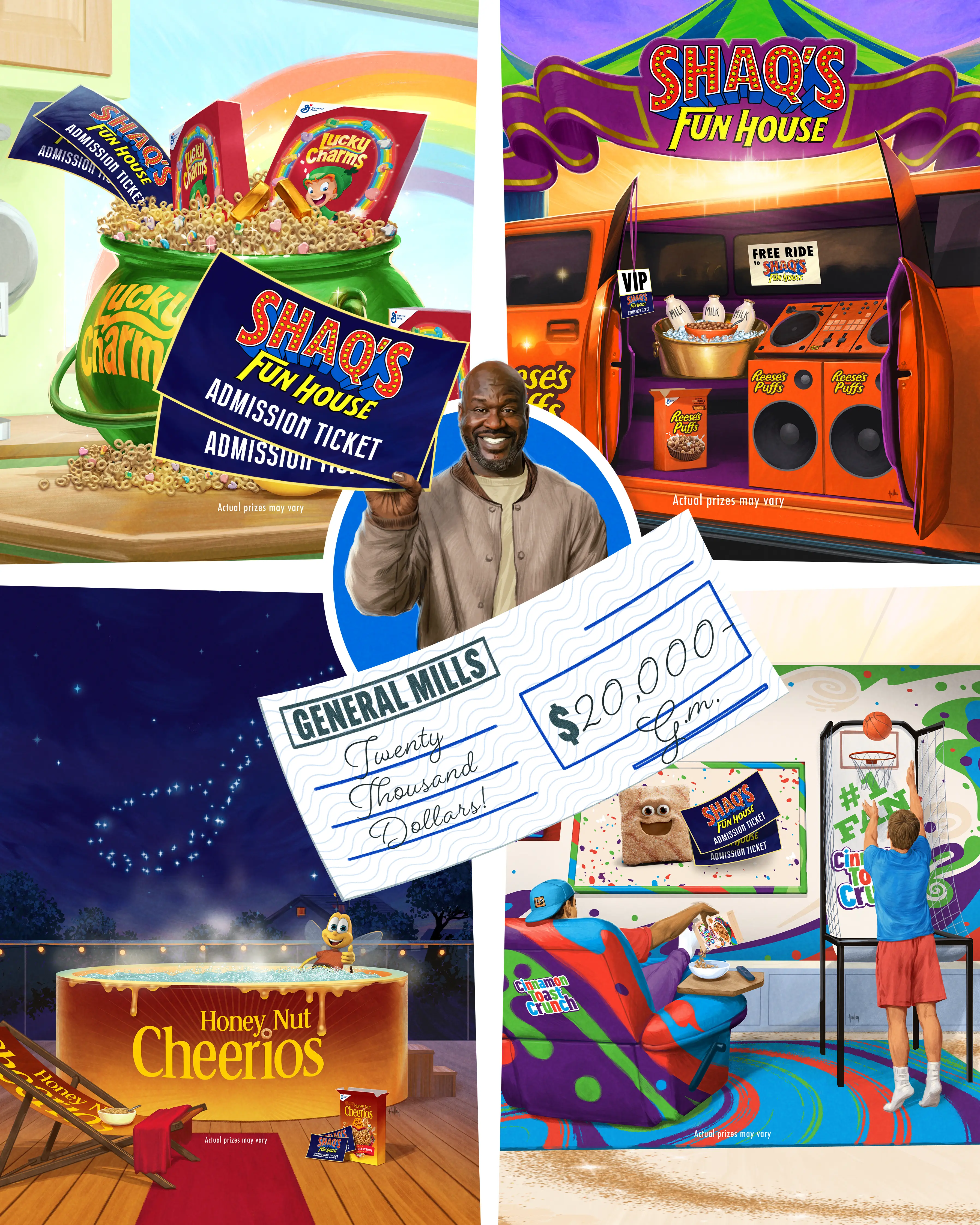 Grand Prize Pack, $20,000 cash, a VIP trip for two to Shaq’s Fun House, a year supply of cereal and $1,000 spending cash!